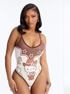 Hello Kitty Cowboy One-Piece Swimsuit in Brown & Cream